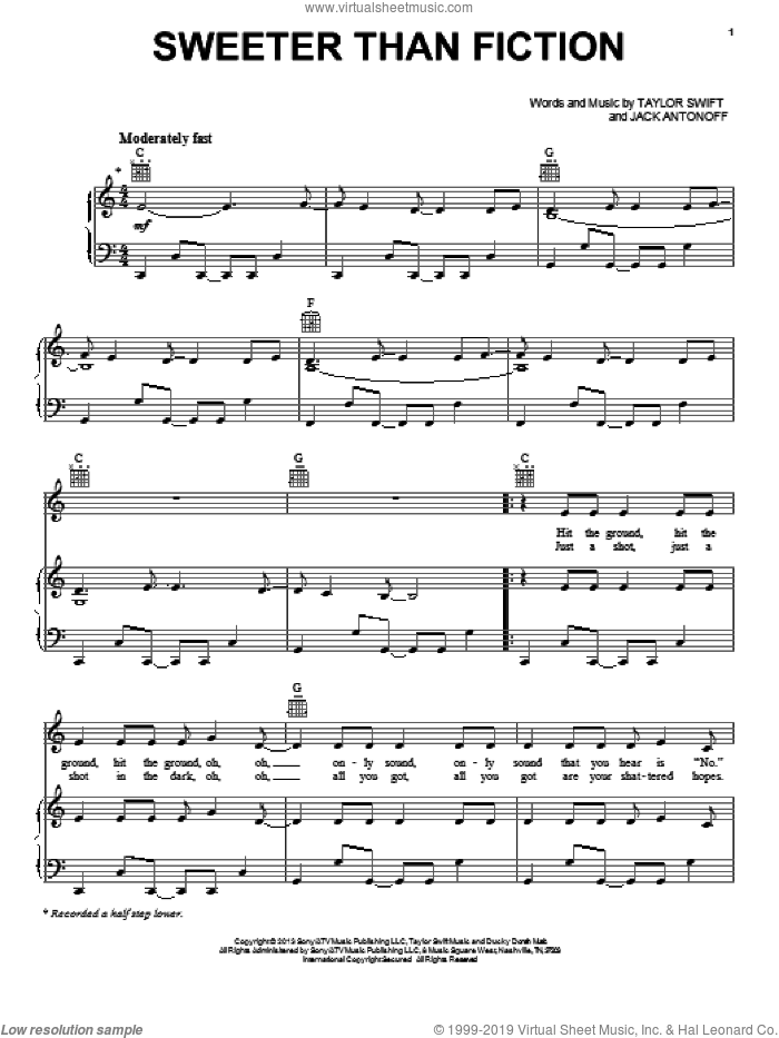 Sweeter Than Fiction sheet music for voice, piano or guitar by Taylor Swift, intermediate skill level
