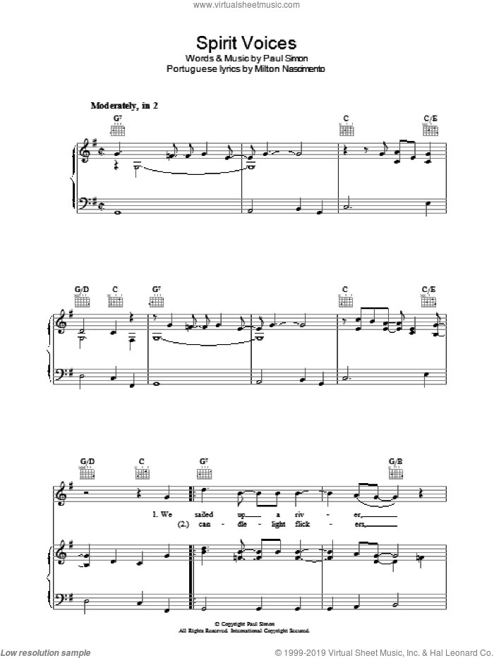 Spirit Voices sheet music for voice, piano or guitar by Paul Simon and Milton Nascimento, intermediate skill level