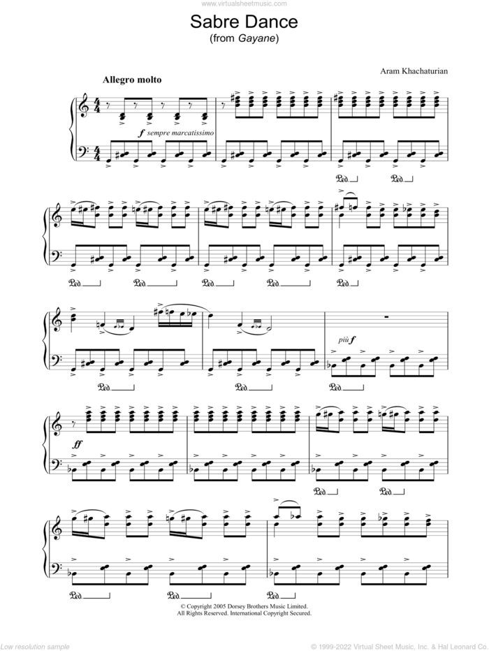 Sabre Dance sheet music for piano solo by Aram Khachaturian and Dave Edmunds, classical score, intermediate skill level