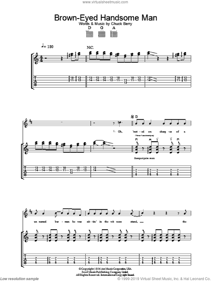 Brown Eyed Handsome Man sheet music for guitar (tablature) by Chuck Berry, intermediate skill level