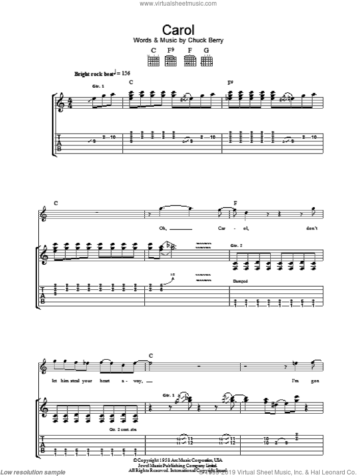 Carol sheet music for guitar (tablature) by Chuck Berry, intermediate skill level