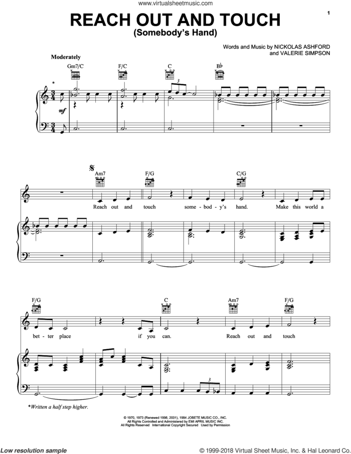 Reach Out And Touch (Somebody's Hand) sheet music for voice, piano or guitar by Diana Ross, Berry Gordy, Nickolas Ashford and Valerie Simpson, intermediate skill level