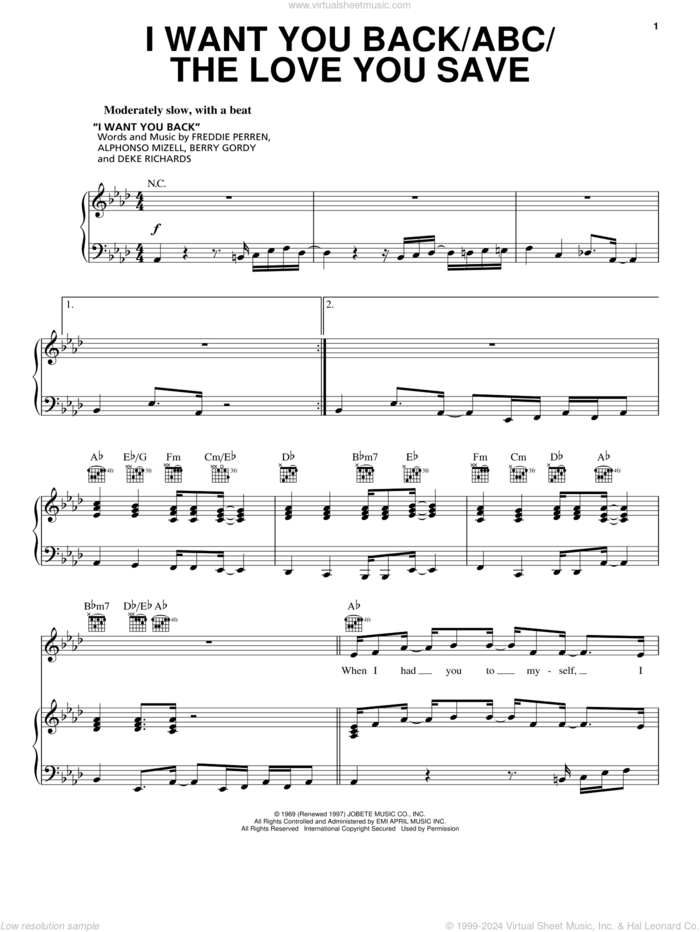I Want You Back / ABC / The Love You Save (from Motown: The Musical) sheet music for voice, piano or guitar by The Jackson 5 and Berry Gordy, intermediate skill level