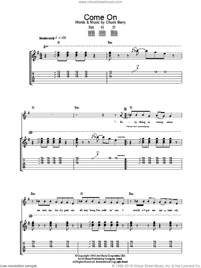 Come On sheet music for guitar (tablature) by Chuck Berry, intermediate skill level