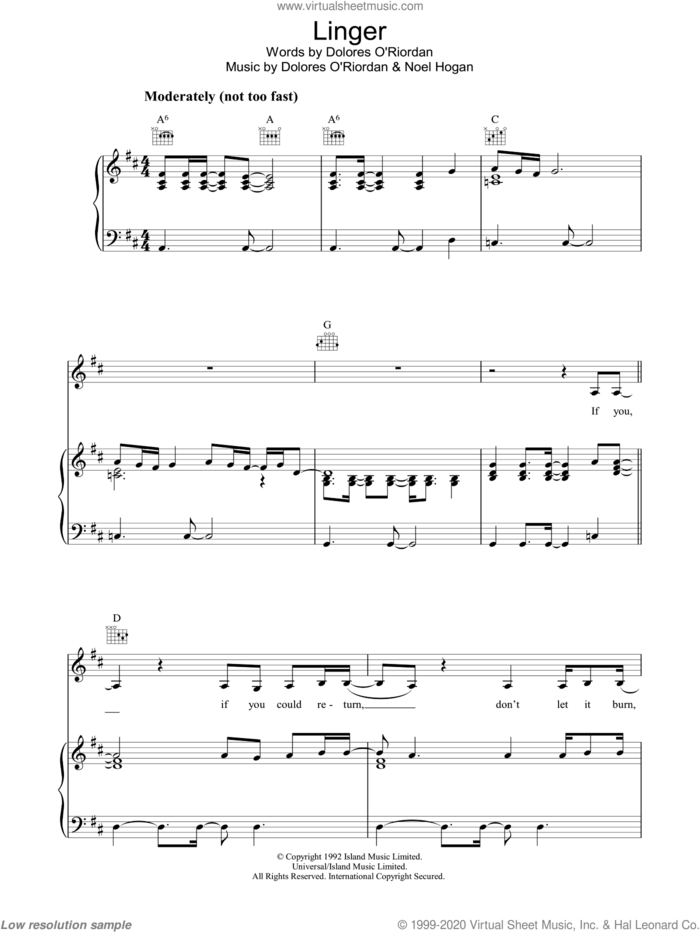 Linger sheet music for voice, piano or guitar by The Cranberries and Noel Hogan, intermediate skill level