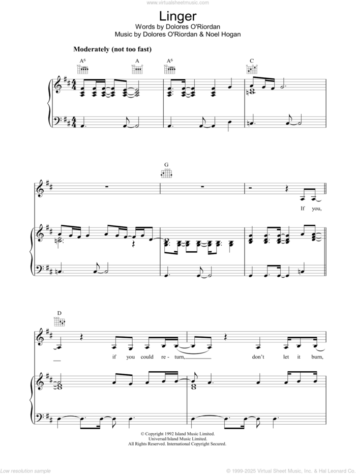 Linger sheet music for voice, piano or guitar by The Cranberries and Noel Hogan, intermediate skill level