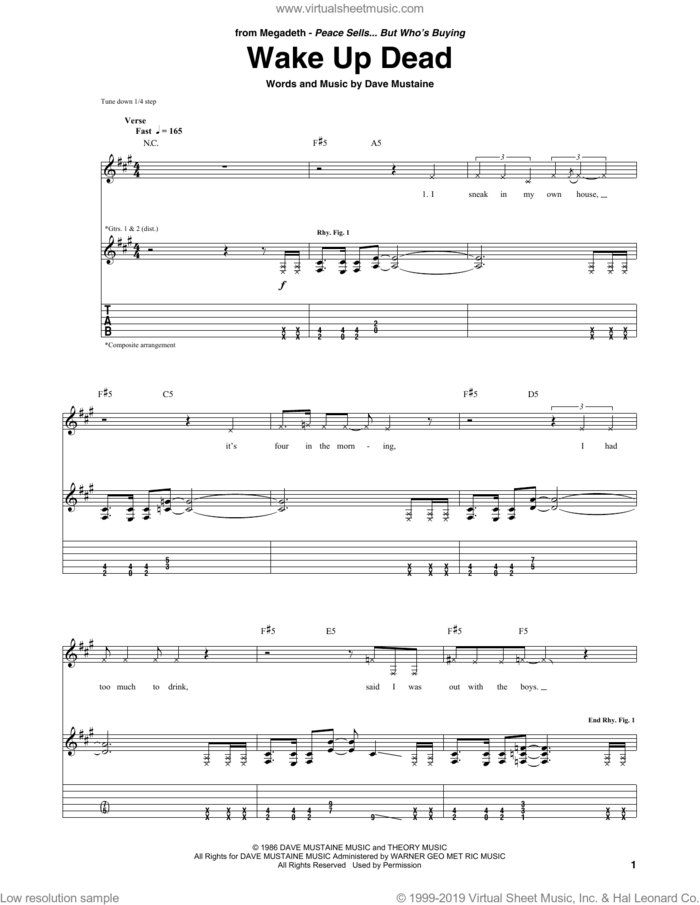 Wake Up Dead sheet music for guitar (tablature) by Megadeth and Dave Mustaine, intermediate skill level