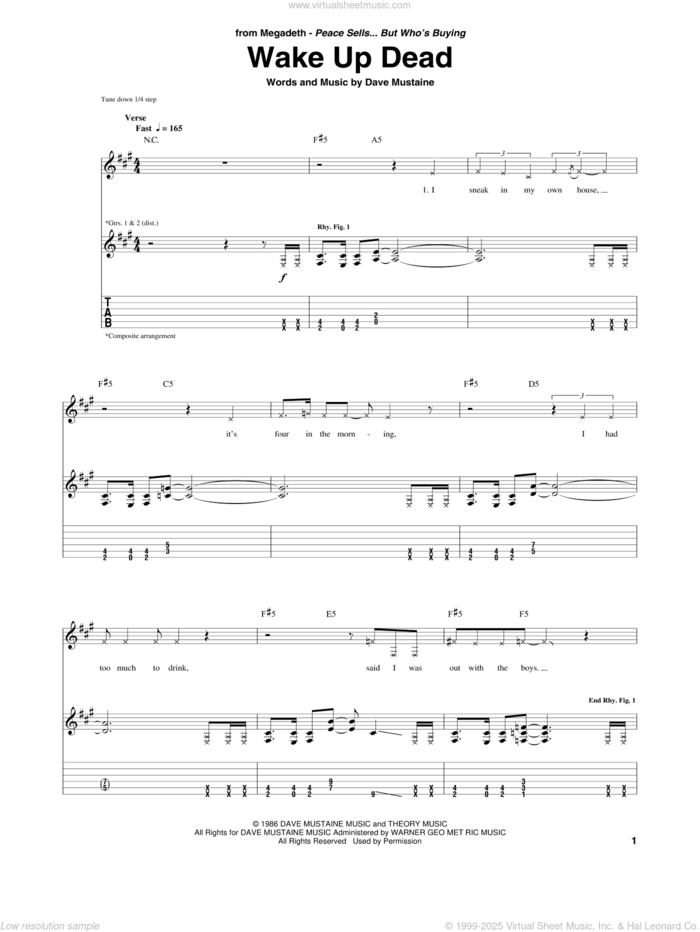 Wake Up Dead sheet music for guitar (tablature) by Megadeth and Dave Mustaine, intermediate skill level