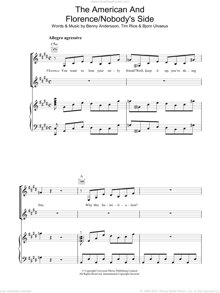 The American And Florence/Nobody's Side sheet music for voice, piano or guitar by Benny Andersson, Bjorn Ulvaeus and Tim Rice, intermediate skill level