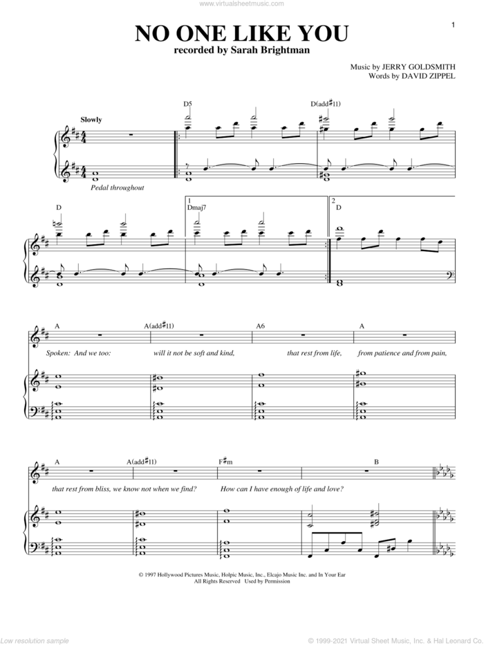 No One Like You sheet music for voice and piano by Sarah Brightman, classical score, intermediate skill level