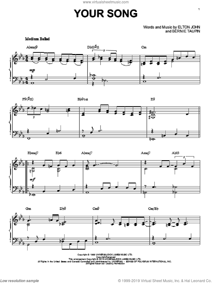 Your Song [Jazz version] (arr. Brent Edstrom) sheet music for piano solo by Elton John, intermediate skill level