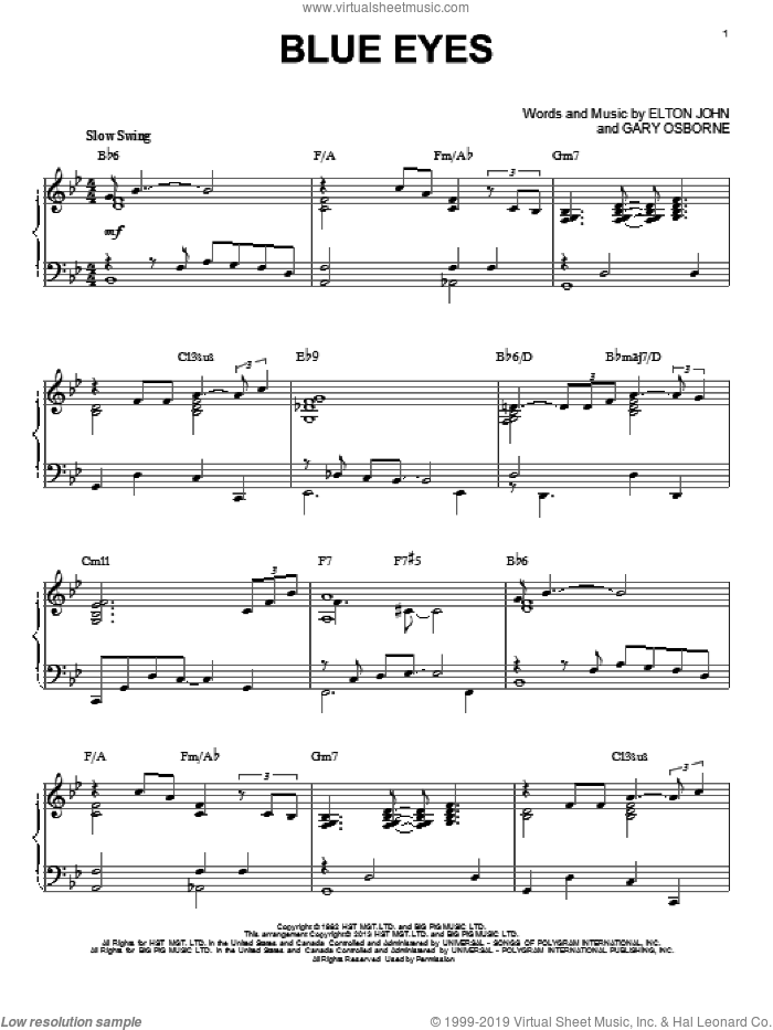 Blue Eyes [Jazz version] (arr. Brent Edstrom) sheet music for piano solo by Elton John and Gary Osborne, intermediate skill level