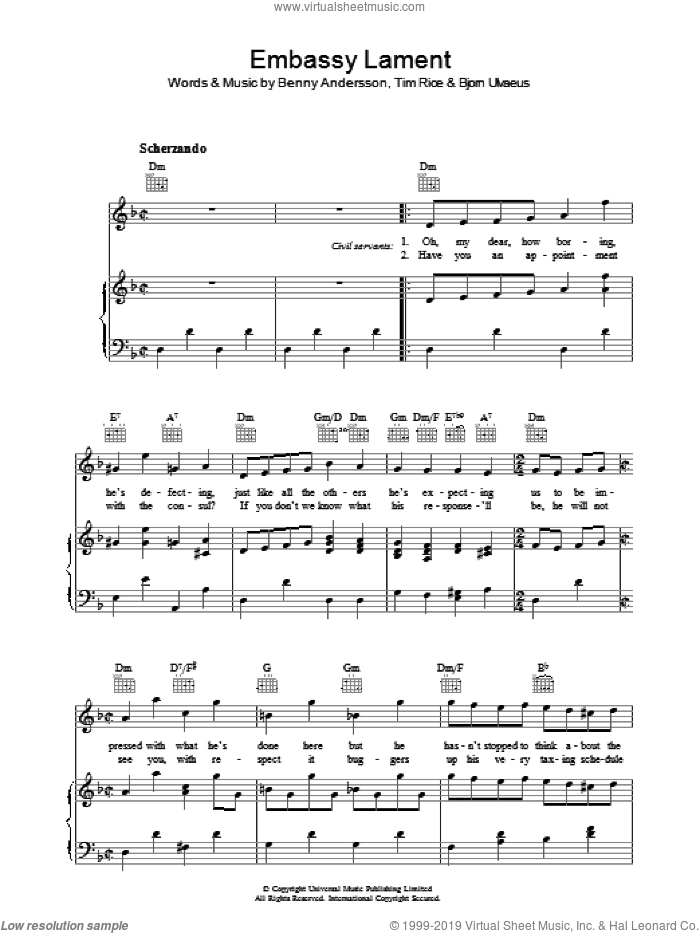 Embassy Lament sheet music for voice, piano or guitar by Tim Rice, Chess (Musical), Benny Andersson and Bjorn Ulvaeus, intermediate skill level