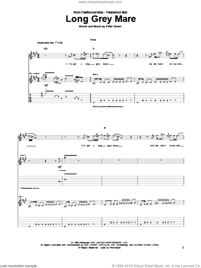 Long Grey Mare sheet music for guitar (tablature) by Peter Green, intermediate skill level