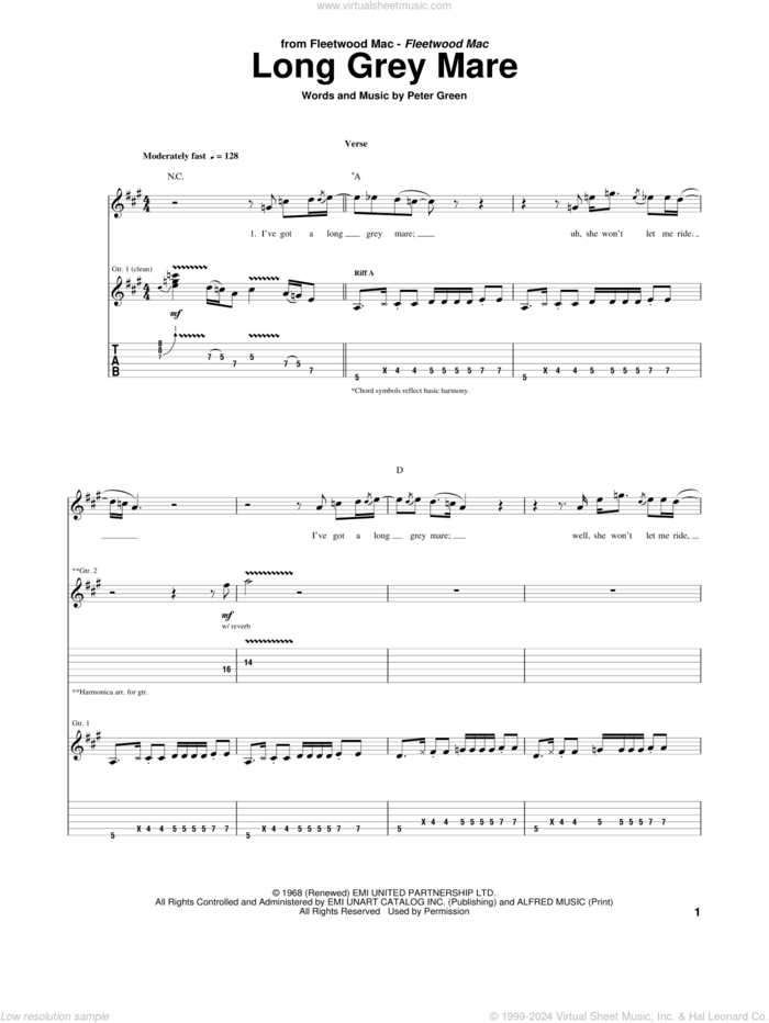 Long Grey Mare sheet music for guitar (tablature) by Peter Green, intermediate skill level