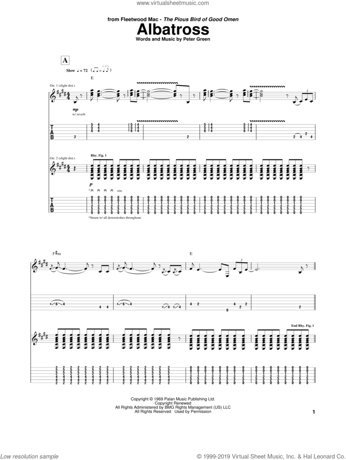 Albatross sheet music for guitar (tablature) by Peter Green and Fleetwood Mac, intermediate skill level