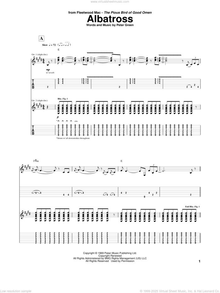 Albatross sheet music for guitar (tablature) by Peter Green and Fleetwood Mac, intermediate skill level