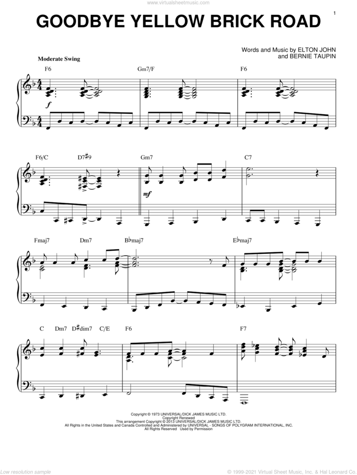 Goodbye Yellow Brick Road [Jazz version] (arr. Brent Edstrom) sheet music for piano solo by Elton John and Bernie Taupin, intermediate skill level