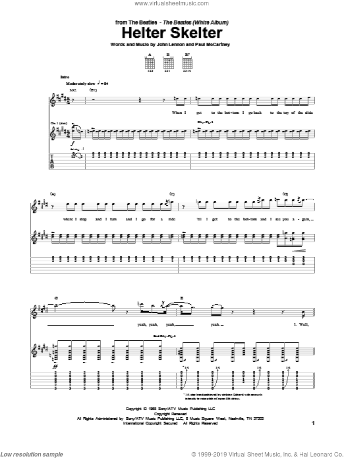 Helter Skelter sheet music for guitar (tablature) by The Beatles, Motley Crue and Paul McCartney, intermediate skill level