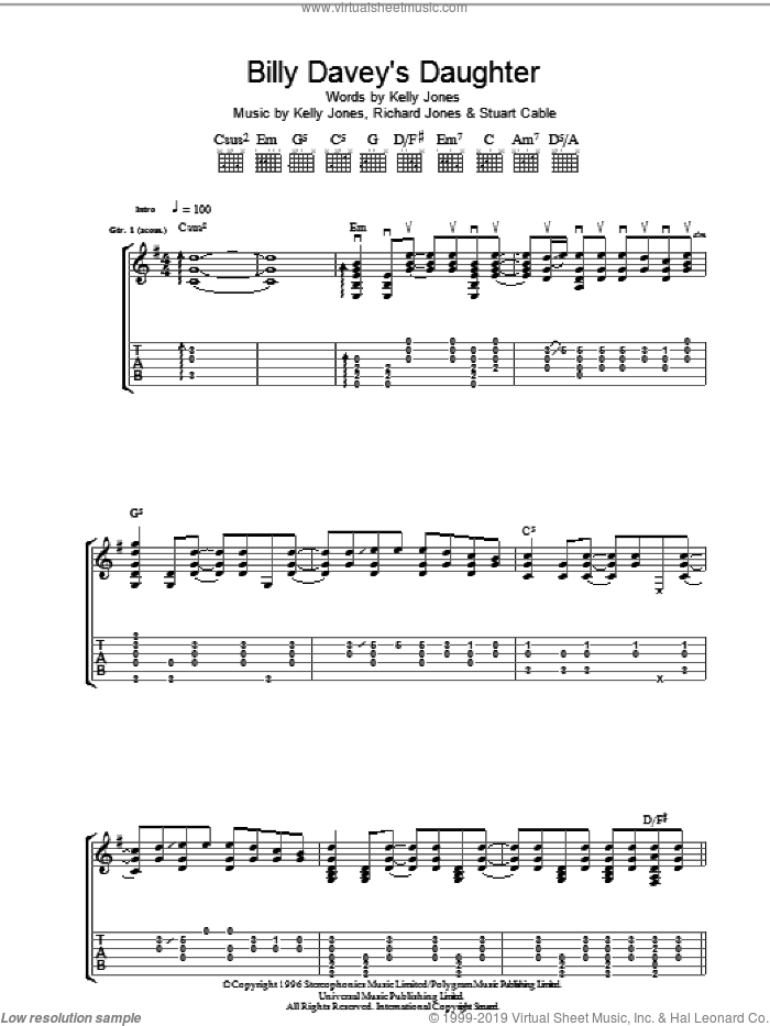 Billy Davey's Daughter sheet music for guitar (tablature) by The Stereophonics, Kelly Jones, Richard Jones and Stuart Cable, intermediate skill level