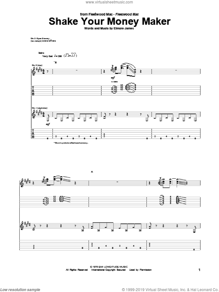 Shake Your Money Maker sheet music for guitar (tablature) by Peter Green and Fleetwood Mac, intermediate skill level