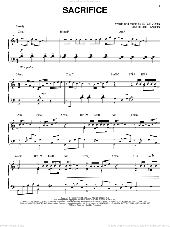 Sacrifice [Jazz version] (arr. Brent Edstrom) sheet music for piano solo by Elton John and Bernie Taupin, intermediate skill level