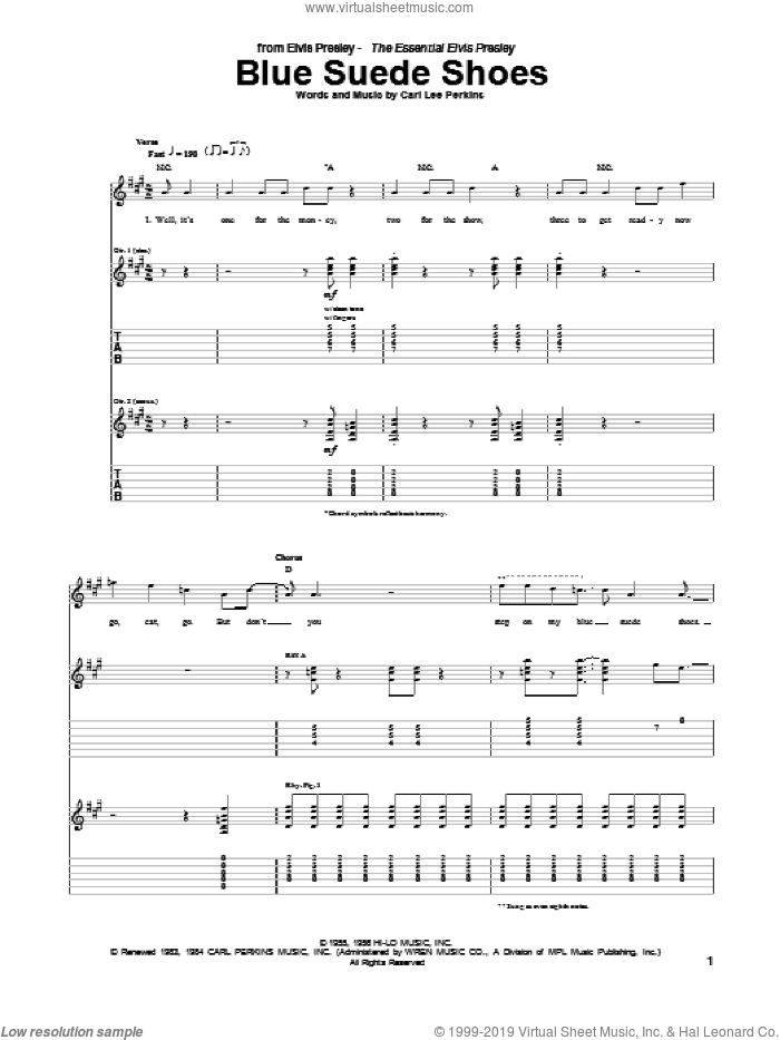 Blue Suede Shoes sheet music for guitar (tablature) by Elvis Presley and Carl Perkins, intermediate skill level
