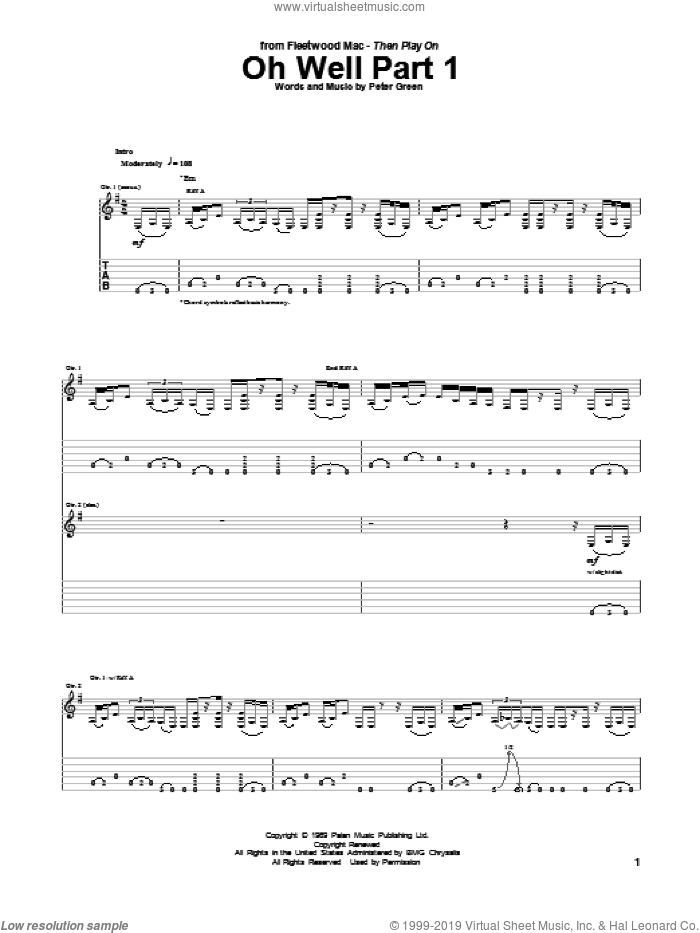 Oh Well Part 1 sheet music for guitar (tablature) by Peter Green and Fleetwood Mac, intermediate skill level