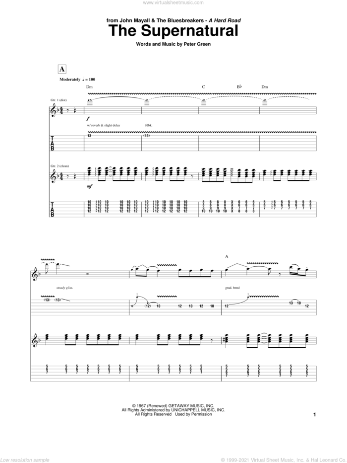 The Supernatural sheet music for guitar (tablature) by Peter Green, intermediate skill level