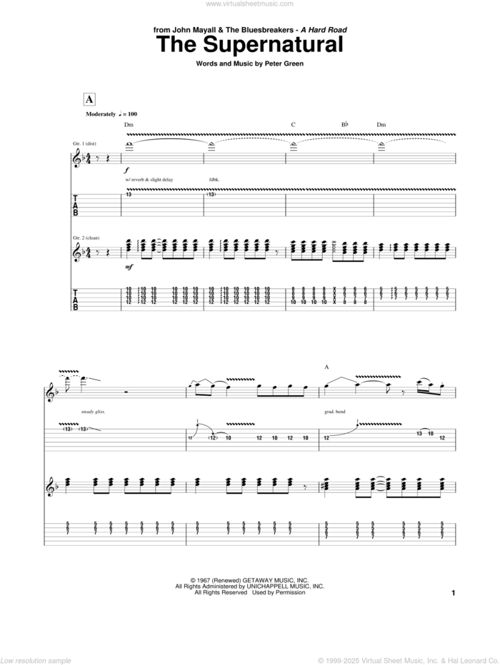 The Supernatural sheet music for guitar (tablature) by Peter Green, intermediate skill level