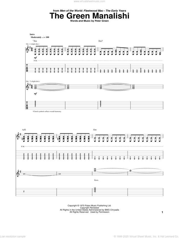 The Green Manalishi sheet music for guitar (tablature) by Peter Green, Fleetwood Mac and Judas Priest, intermediate skill level