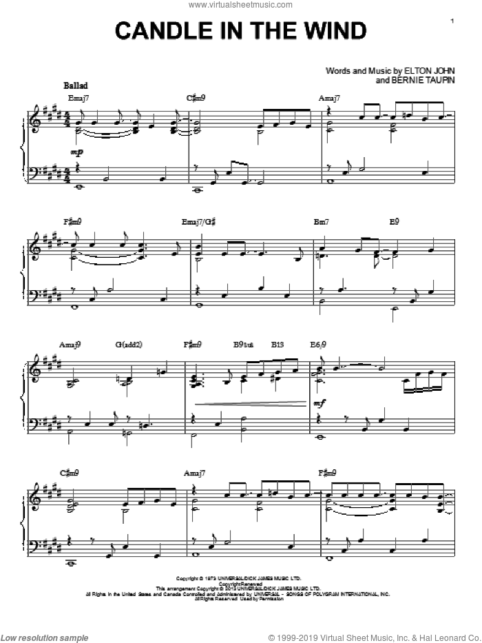 Candle In The Wind [Jazz version] (arr. Brent Edstrom) sheet music for piano solo by Elton John, intermediate skill level