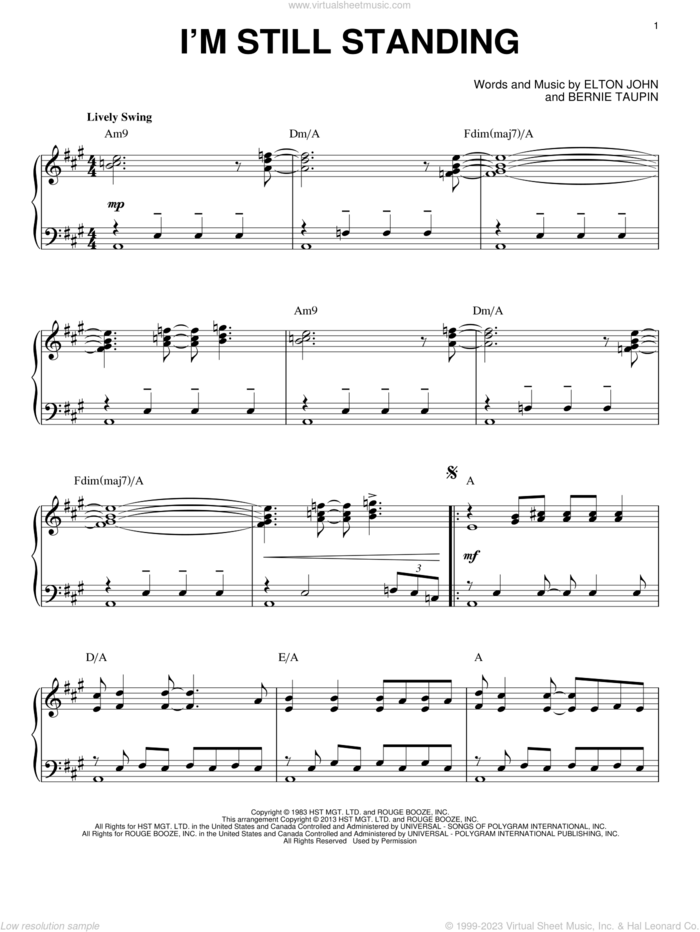 I'm Still Standing [Jazz version] (arr. Brent Edstrom) sheet music for piano solo by Elton John and Bernie Taupin, intermediate skill level