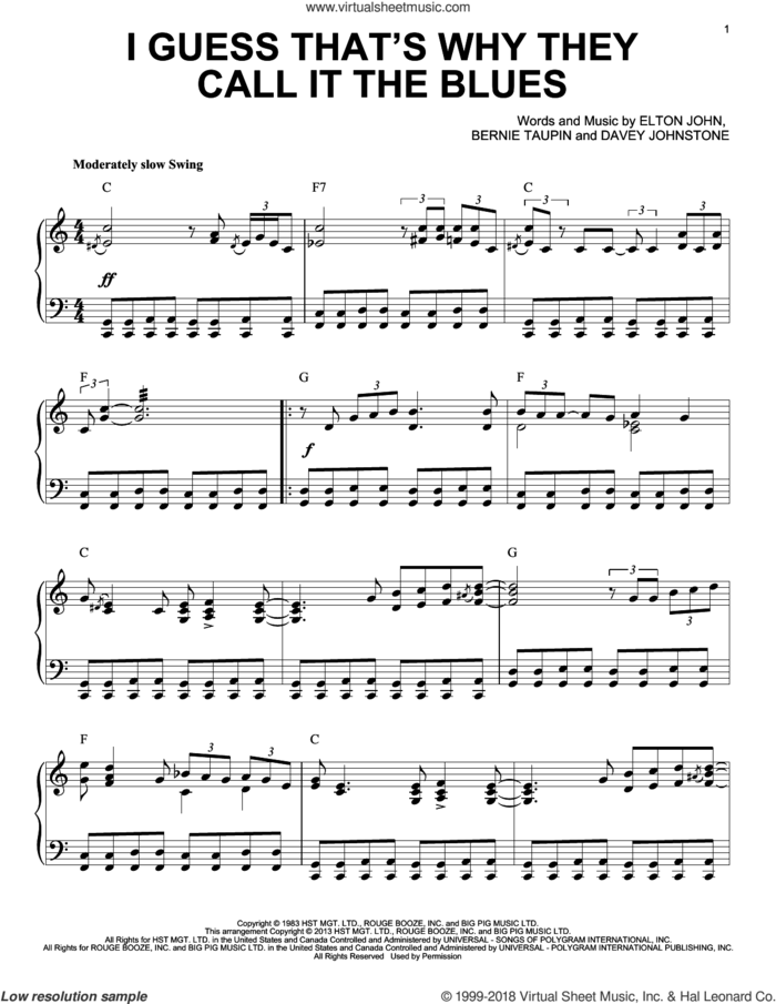 I Guess That's Why They Call It The Blues [Jazz version] (arr. Brent Edstrom) sheet music for piano solo by Elton John and Bernie Taupin, intermediate skill level