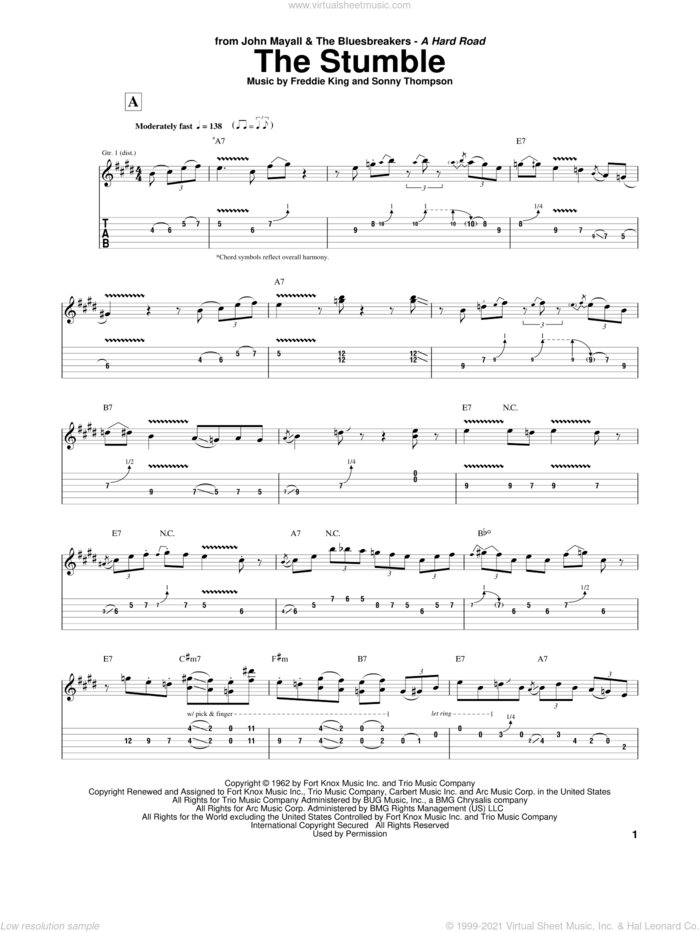 The Stumble sheet music for guitar (tablature) by Peter Green, Freddie King and Sonny Thompson, intermediate skill level