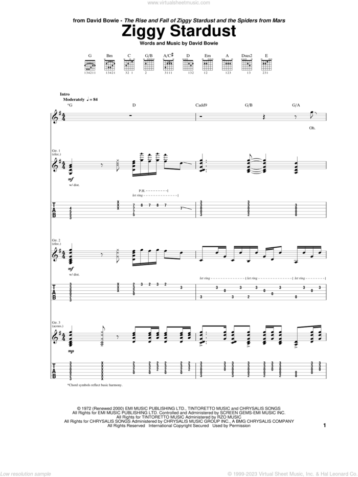 Ziggy Stardust sheet music for guitar (tablature) by David Bowie, intermediate skill level