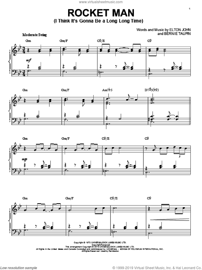 Rocket Man (I Think It's Gonna Be A Long Long Time) [Jazz version] (arr. Brent Edstrom) sheet music for piano solo by Elton John and Bernie Taupin, intermediate skill level