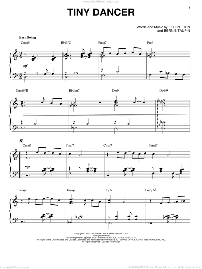 Tiny Dancer [Jazz version] (arr. Brent Edstrom) sheet music for piano solo by Elton John, intermediate skill level