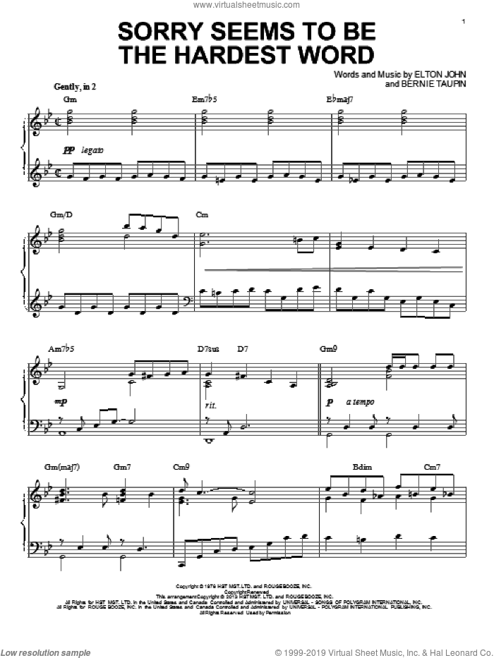 Sorry Seems To Be The Hardest Word [Jazz version] (arr. Brent Edstrom) sheet music for piano solo by Elton John, intermediate skill level