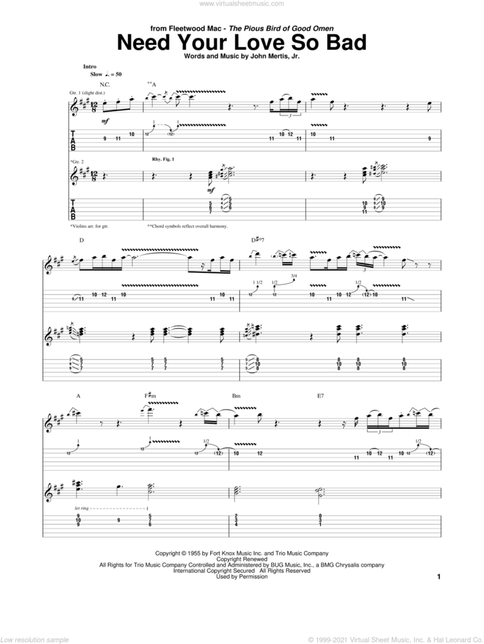 Need Your Love So Bad sheet music for guitar (tablature) by Peter Green and Fleetwood Mac, intermediate skill level