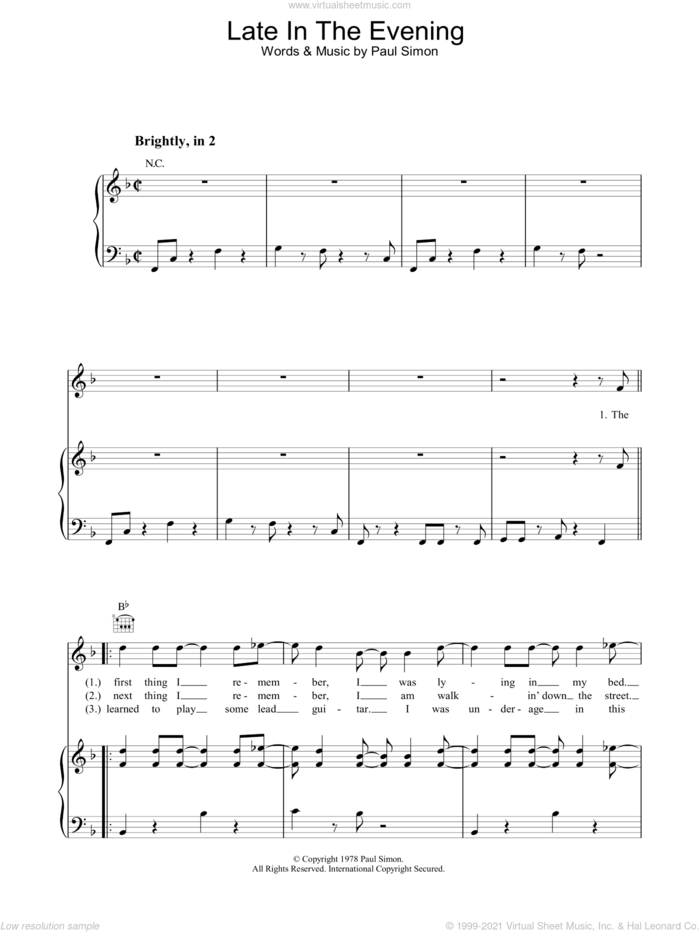 Late In The Evening sheet music for voice, piano or guitar by Paul Simon, intermediate skill level