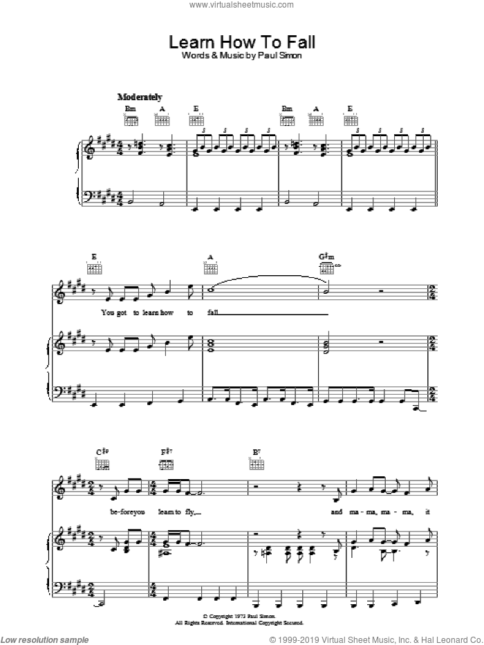 Learn How To Fall sheet music for voice, piano or guitar by Paul Simon, intermediate skill level