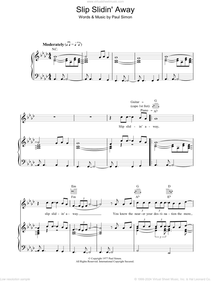Slip Slidin' Away sheet music for voice, piano or guitar by Paul Simon, intermediate skill level