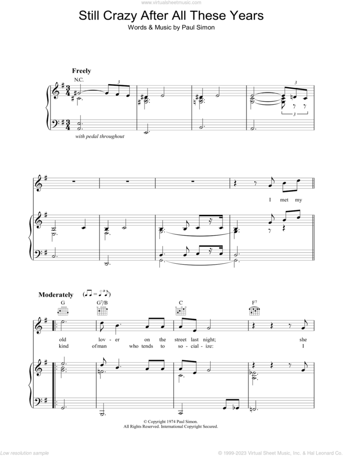 Still Crazy After All These Years sheet music for voice, piano or guitar by Paul Simon, intermediate skill level