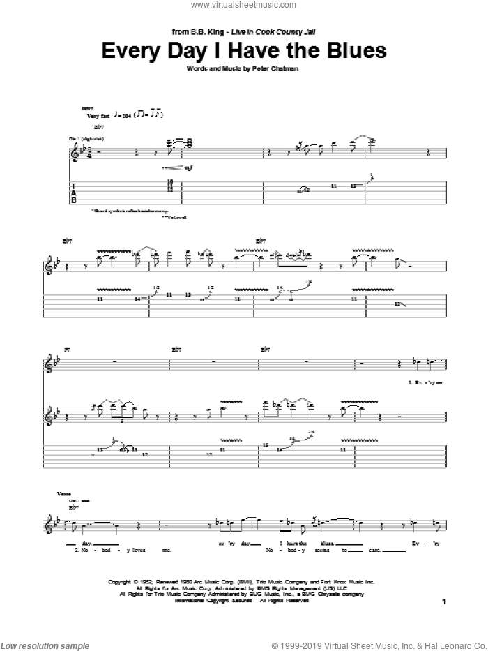 Every Day I Have The Blues sheet music for guitar (tablature) by B.B. King and Peter Chatman, intermediate skill level