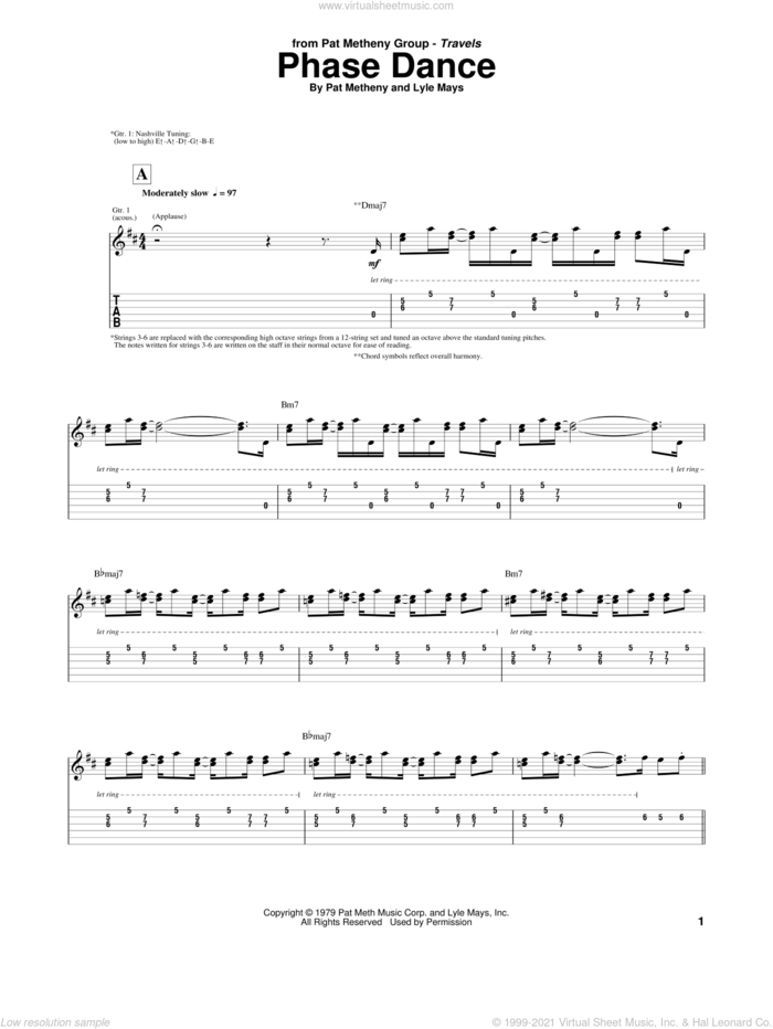 Phase Dance sheet music for guitar (tablature) by Pat Metheny and Lyle Mays, intermediate skill level