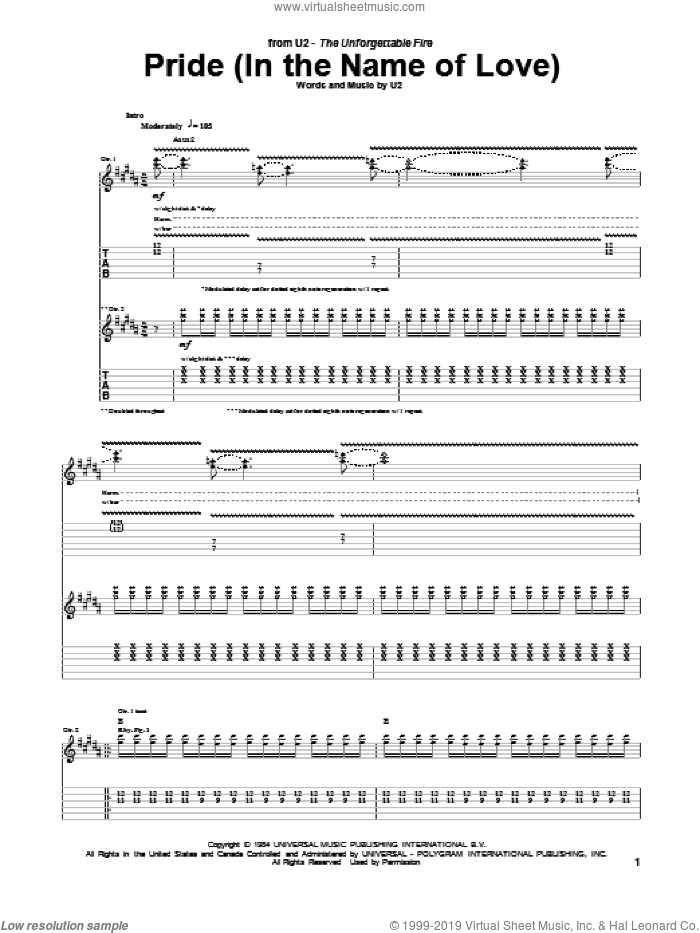 Pride (In The Name Of Love) sheet music for guitar (tablature) by U2 and Clivelles & Cole, intermediate skill level