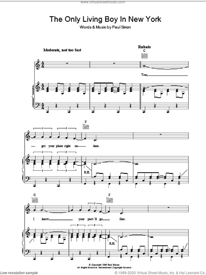 The Only Living Boy In New York sheet music for voice, piano or guitar by Simon & Garfunkel and Paul Simon, intermediate skill level