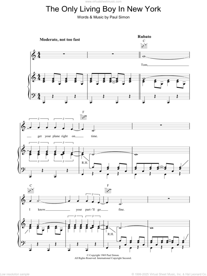 The Only Living Boy In New York sheet music for voice, piano or guitar by Simon & Garfunkel and Paul Simon, intermediate skill level