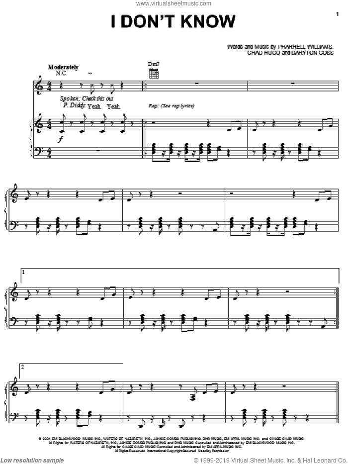 I Don't Know sheet music for voice, piano or guitar by Pharrell Williams, Gary Usher, Chad Hugo and Daryton Goss, intermediate skill level